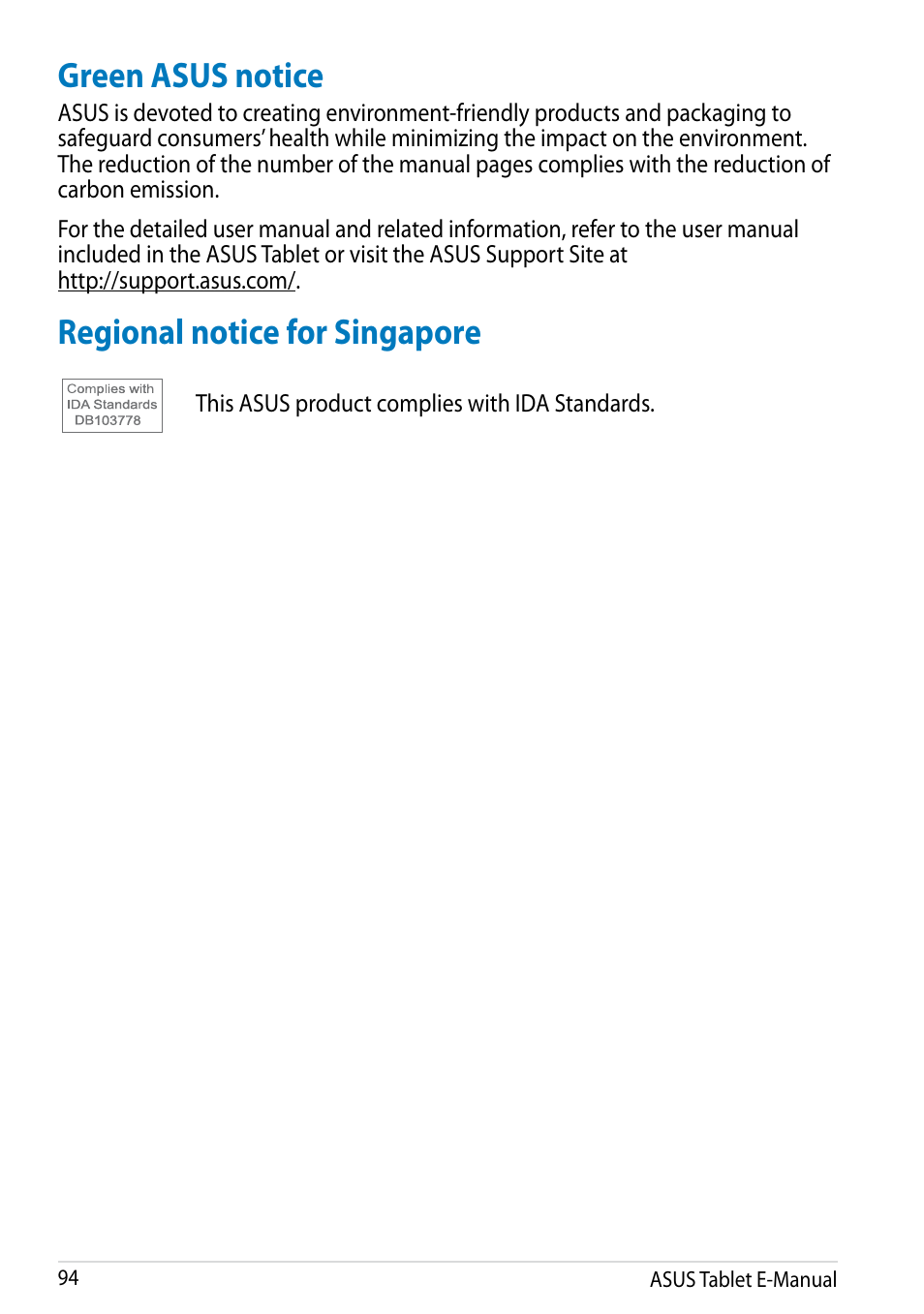 Green asus notice, Regional notice for singapore, Green asus notice regional notice for singapore | Asus MeMO Pad FHD 10 LTE User Manual | Page 94 / 98