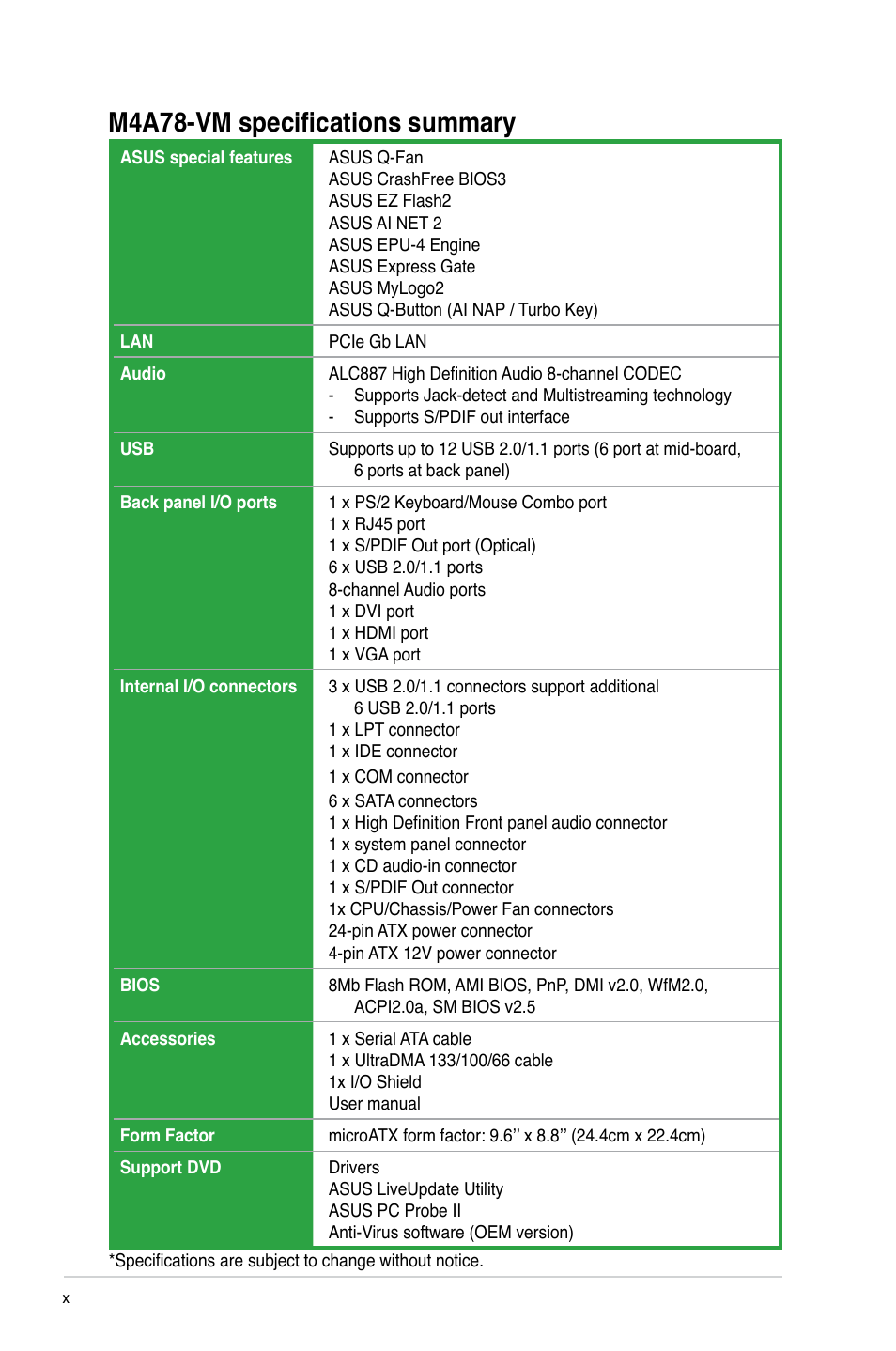 M4a78-vm specifications summary | Asus M4A78-VM User Manual | Page 10 / 64