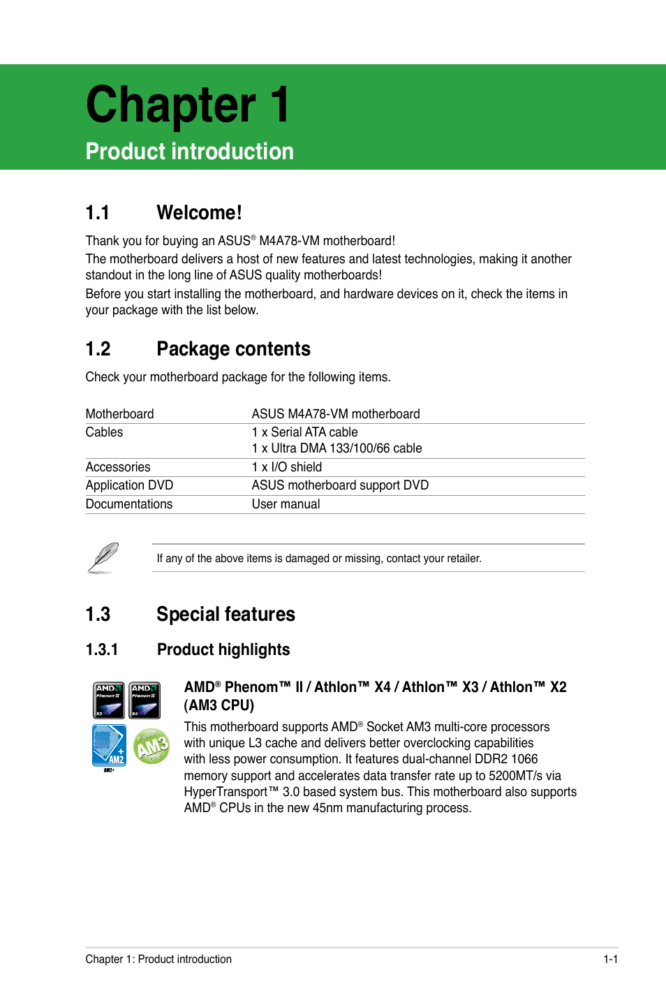 Chapter 1, Product introduction, 1 welcome | 2 package contents, 3 special features, 1 product highlights, Welcome! -1, Package contents -1, Special features -1 1.3.1, Product highlights -1 | Asus M4A78-VM User Manual | Page 11 / 64