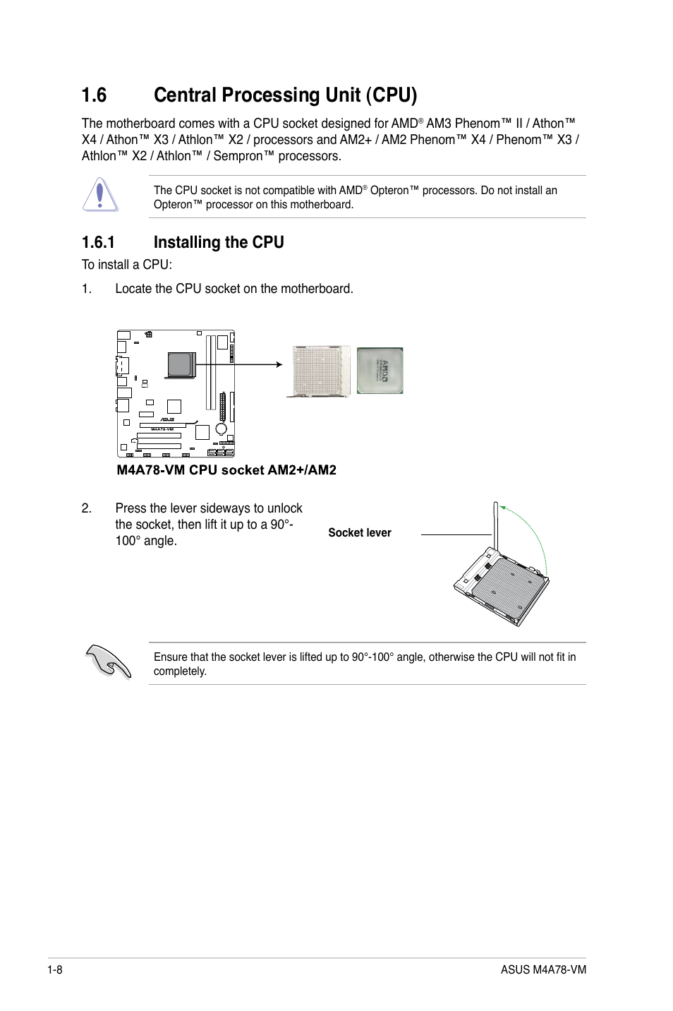 6 central processing unit (cpu), 1 installing the cpu, Central processing unit (cpu) -8 1.6.1 | Installing the cpu -8 | Asus M4A78-VM User Manual | Page 18 / 64