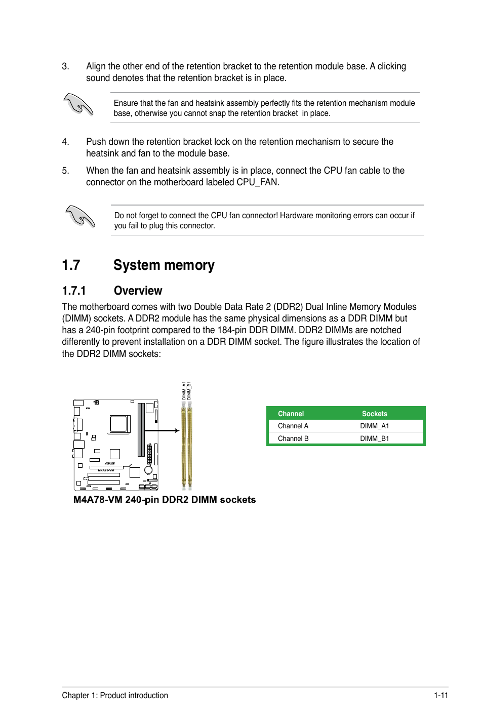 7 system memory, 1 overview, System memory -11 1.7.1 | Overview -11 | Asus M4A78-VM User Manual | Page 21 / 64