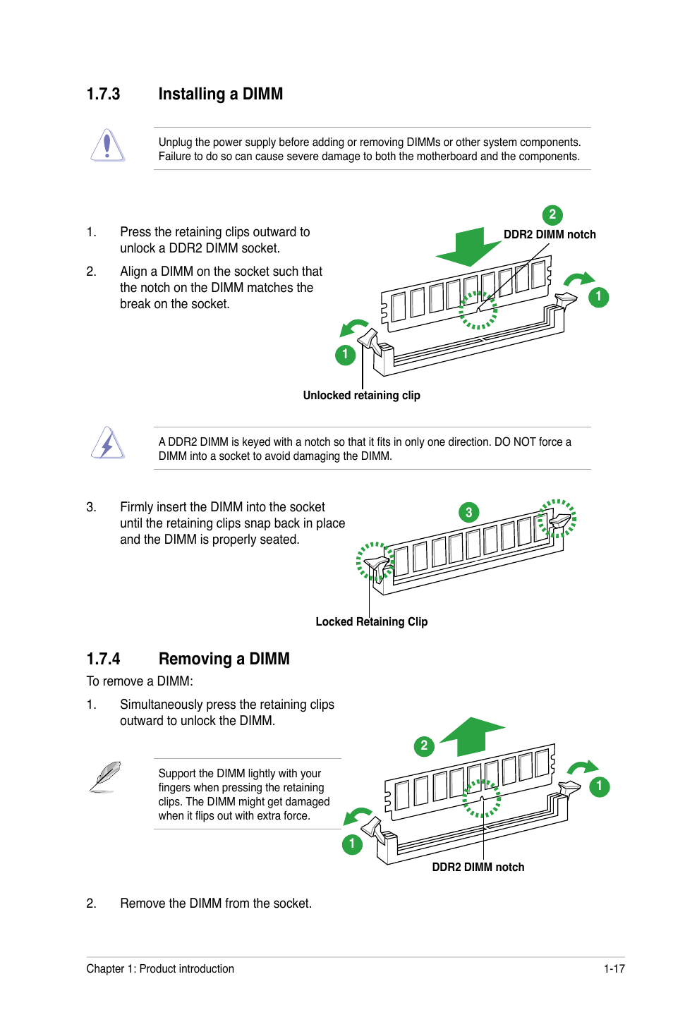 3 installing a dimm, 4 removing a dimm, Installing a dimm -17 | Removing a dimm -17 | Asus M4A78-VM User Manual | Page 27 / 64