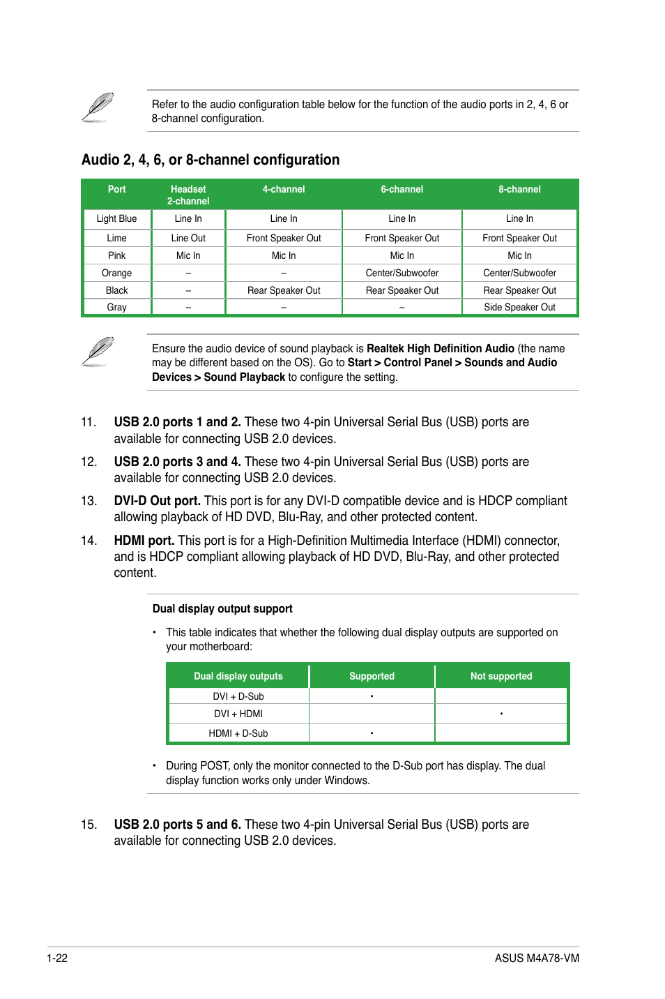 Audio 2, 4, 6, or 8-channel configuration | Asus M4A78-VM User Manual | Page 32 / 64