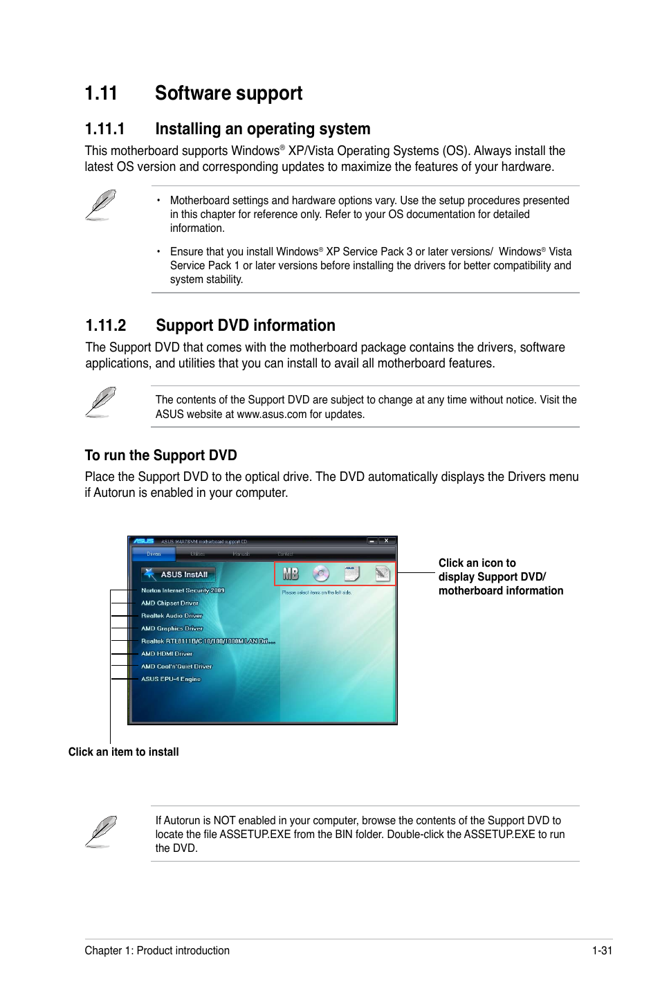 11 software support, 1 installing an operating system, 2 support dvd information | 11 software support -31 | Asus M4A78-VM User Manual | Page 41 / 64
