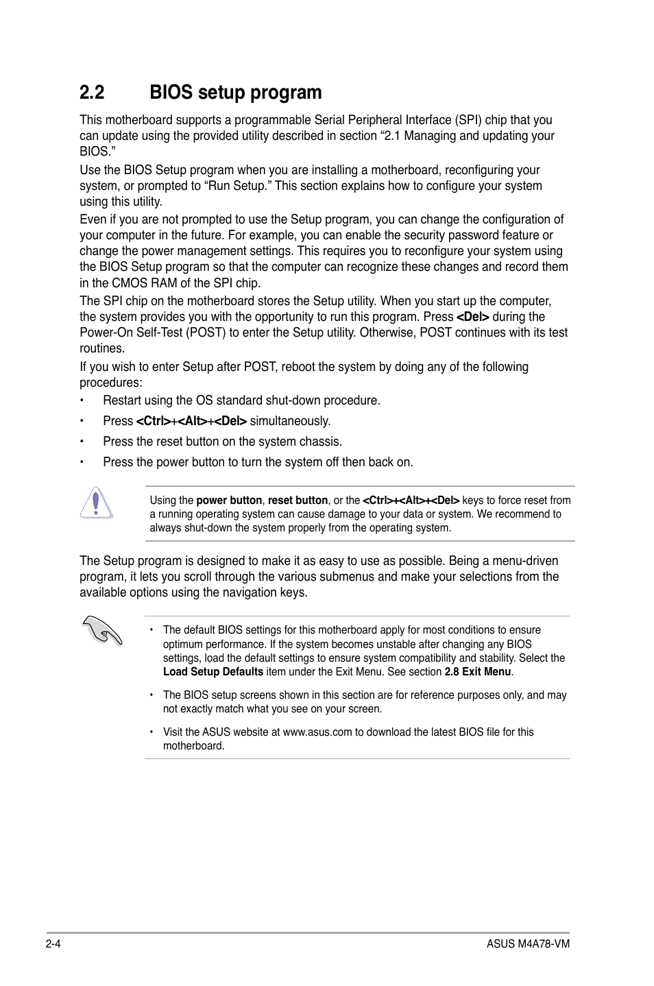 2 bios setup program, Bios setup program -4 | Asus M4A78-VM User Manual | Page 46 / 64