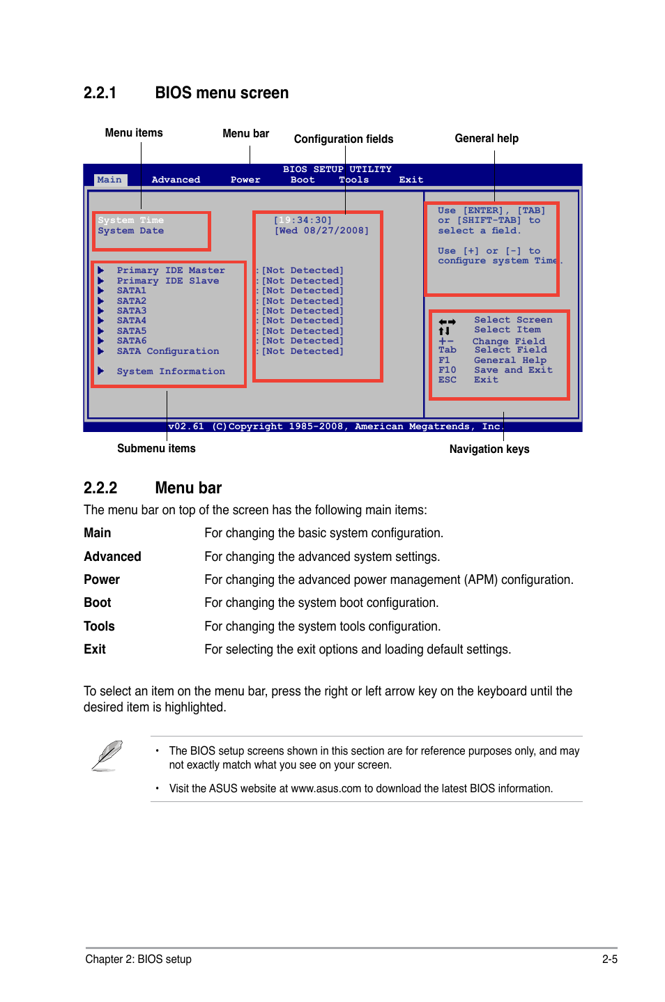 1 bios menu screen, 2 menu bar, Bios menu screen -5 | Menu bar -5, 1 bios menu screen 2.2.2 menu bar | Asus M4A78-VM User Manual | Page 47 / 64