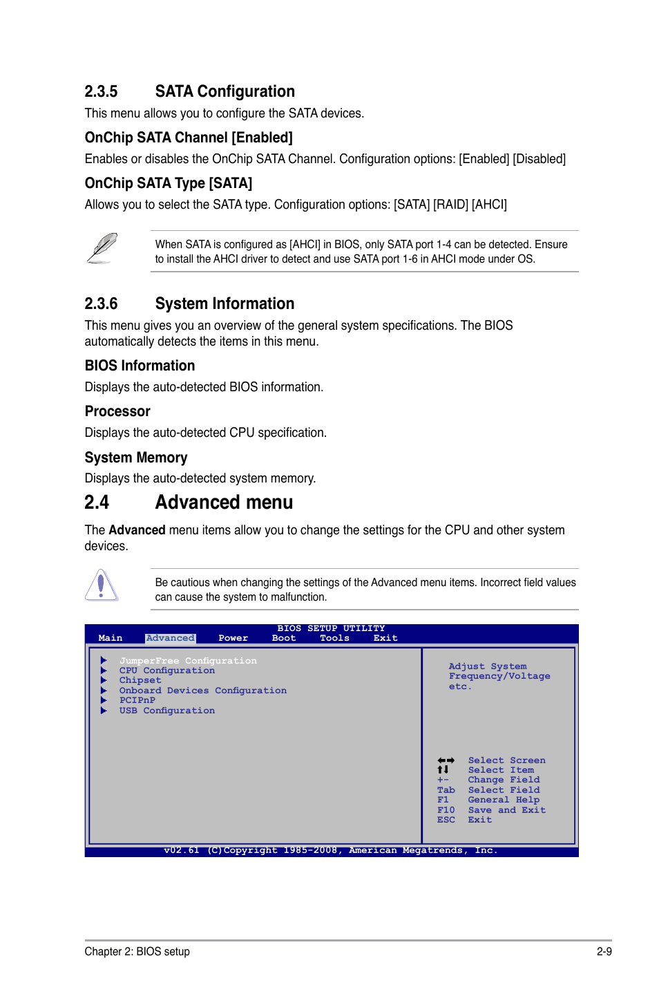 5 sata configuration, 6 system information, 4 advanced menu | Sata configuration -9, System information -9, Advanced menu -9, Onchip sata channel [enabled, Onchip sata type [sata, Bios information, Processor | Asus M4A78-VM User Manual | Page 51 / 64