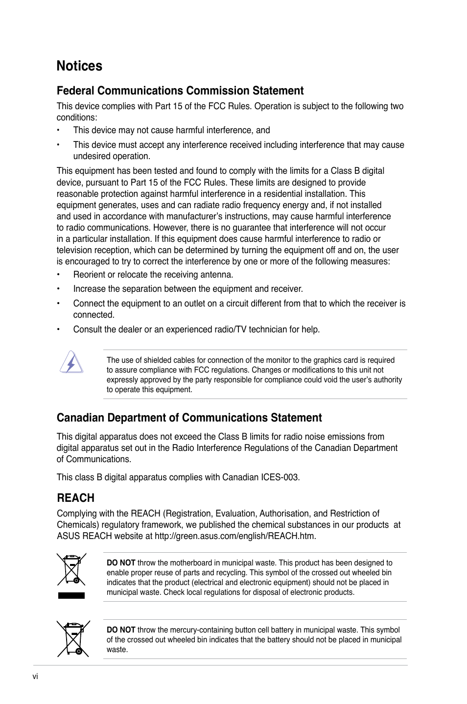 Notices, Federal communications commission statement, Canadian department of communications statement | Reach | Asus M4A78-VM User Manual | Page 6 / 64