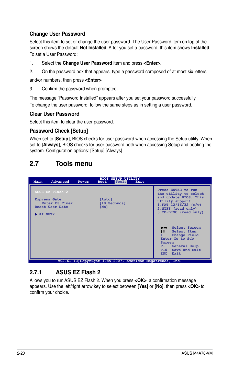 7 tools menu, 1 asus ez flash 2, Tools menu -20 2.7.1 | Asus ez flash 2 -20, Change user password, Clear user password, Password check [setup | Asus M4A78-VM User Manual | Page 62 / 64