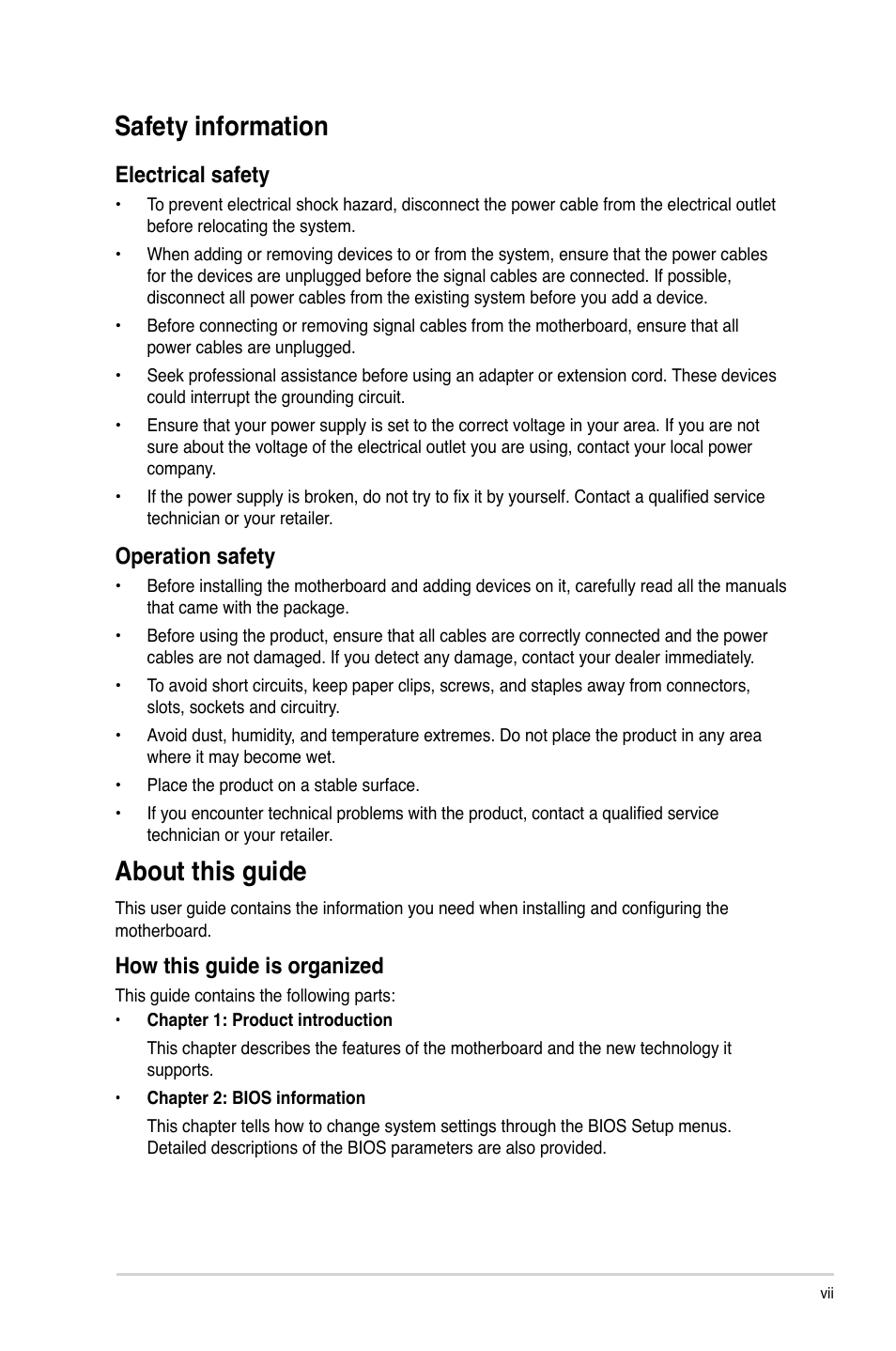 Safety information, About this guide, Electrical safety | Operation safety, How this guide is organized | Asus M4A78-VM User Manual | Page 7 / 64