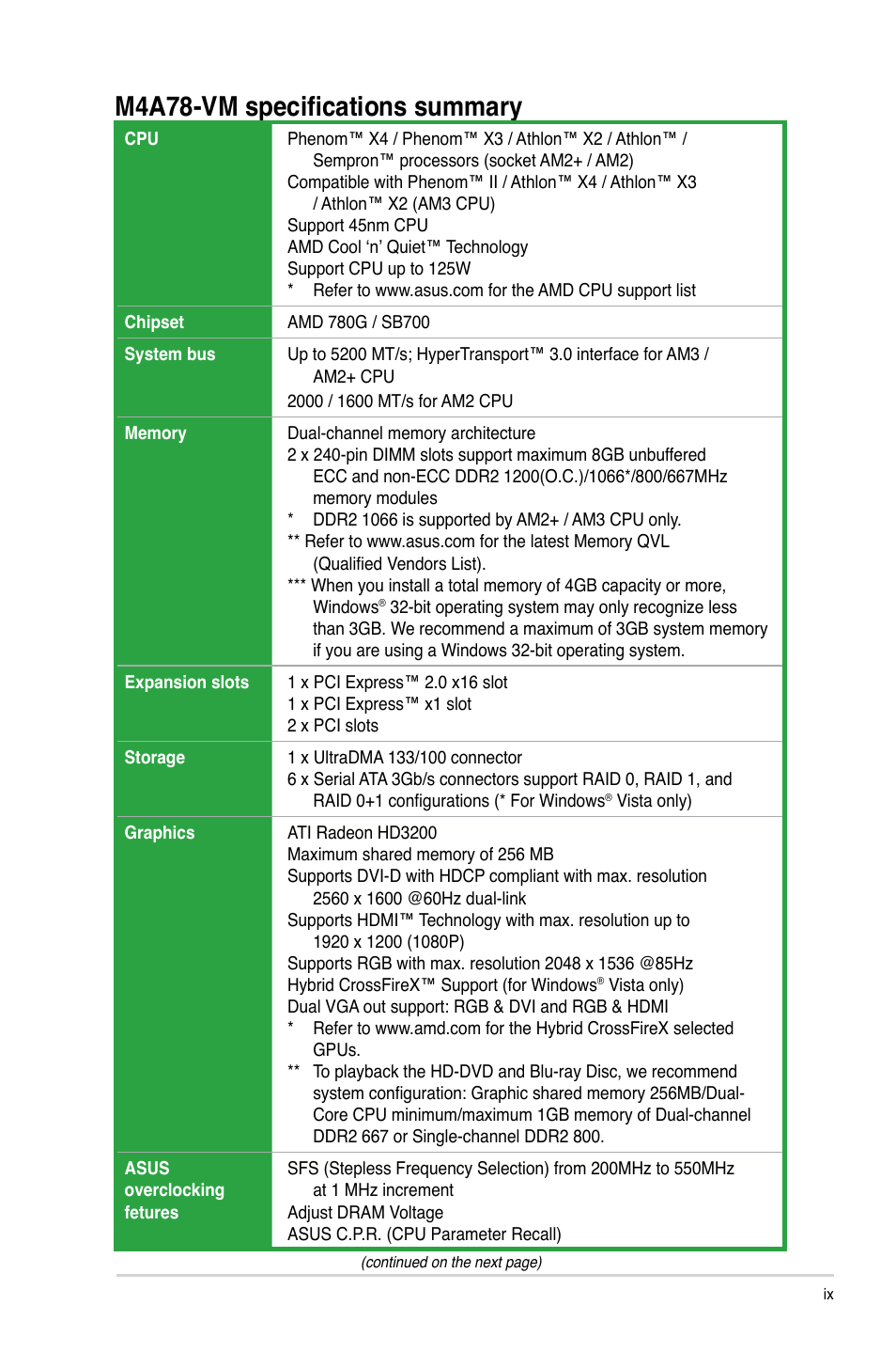 M4a78-vm specifications summary | Asus M4A78-VM User Manual | Page 9 / 64