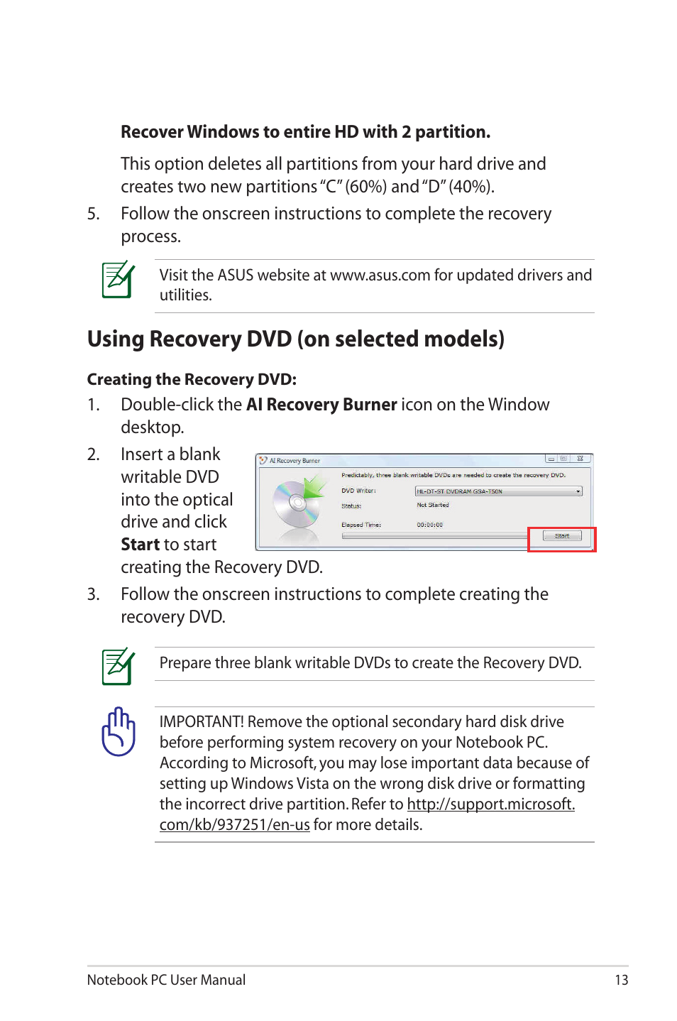 Using recovery dvd (on selected models) | Asus X70IO User Manual | Page 13 / 26