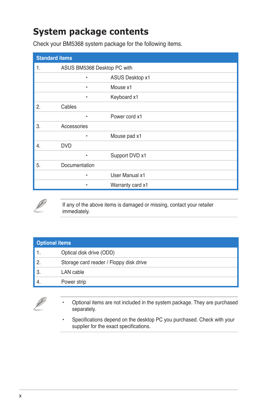 System package contents | Asus BM5368 User Manual | Page 10 / 26