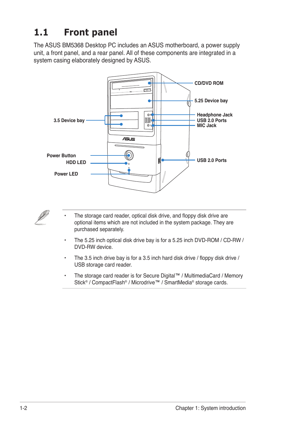 1 front panel | Asus BM5368 User Manual | Page 12 / 26