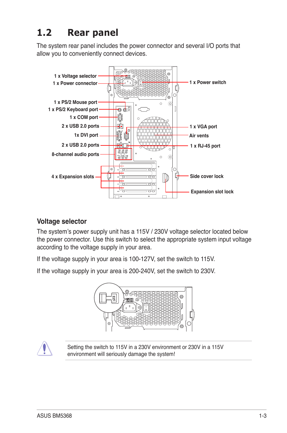 2 rear panel, Voltage selector | Asus BM5368 User Manual | Page 13 / 26