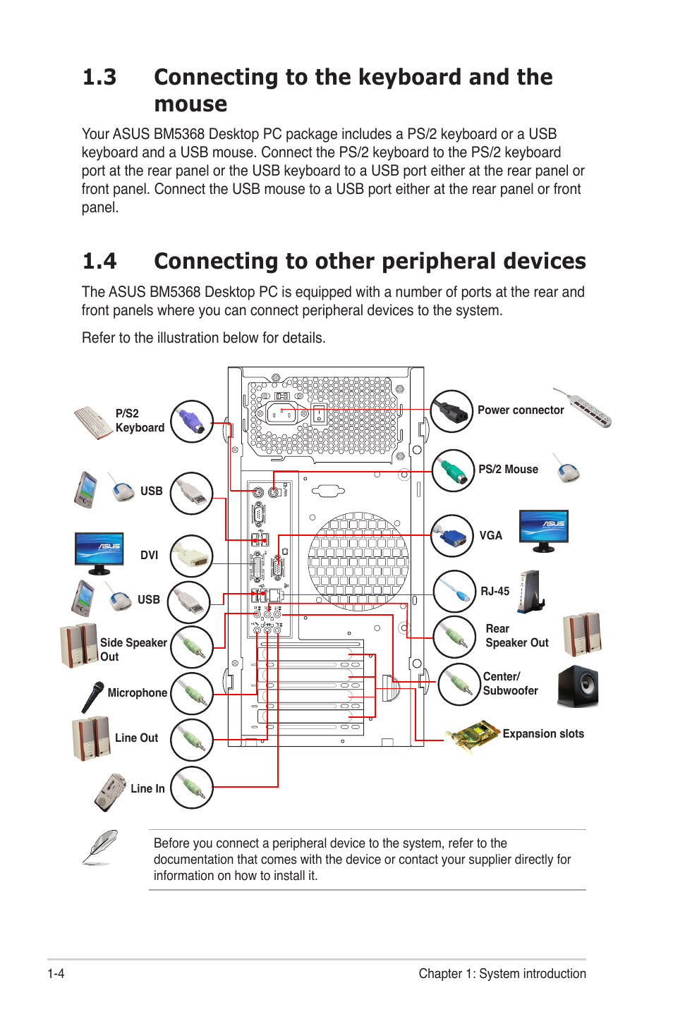 3 connecting to the keyboard and the mouse, 4 connecting to other peripheral devices | Asus BM5368 User Manual | Page 14 / 26