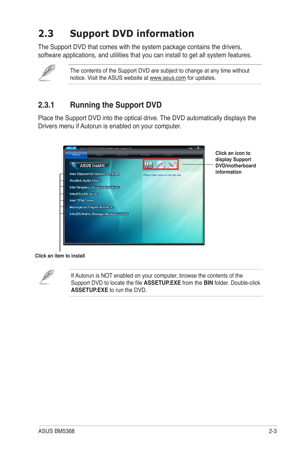 3 support dvd information, 1 running the support dvd | Asus BM5368 User Manual | Page 17 / 26