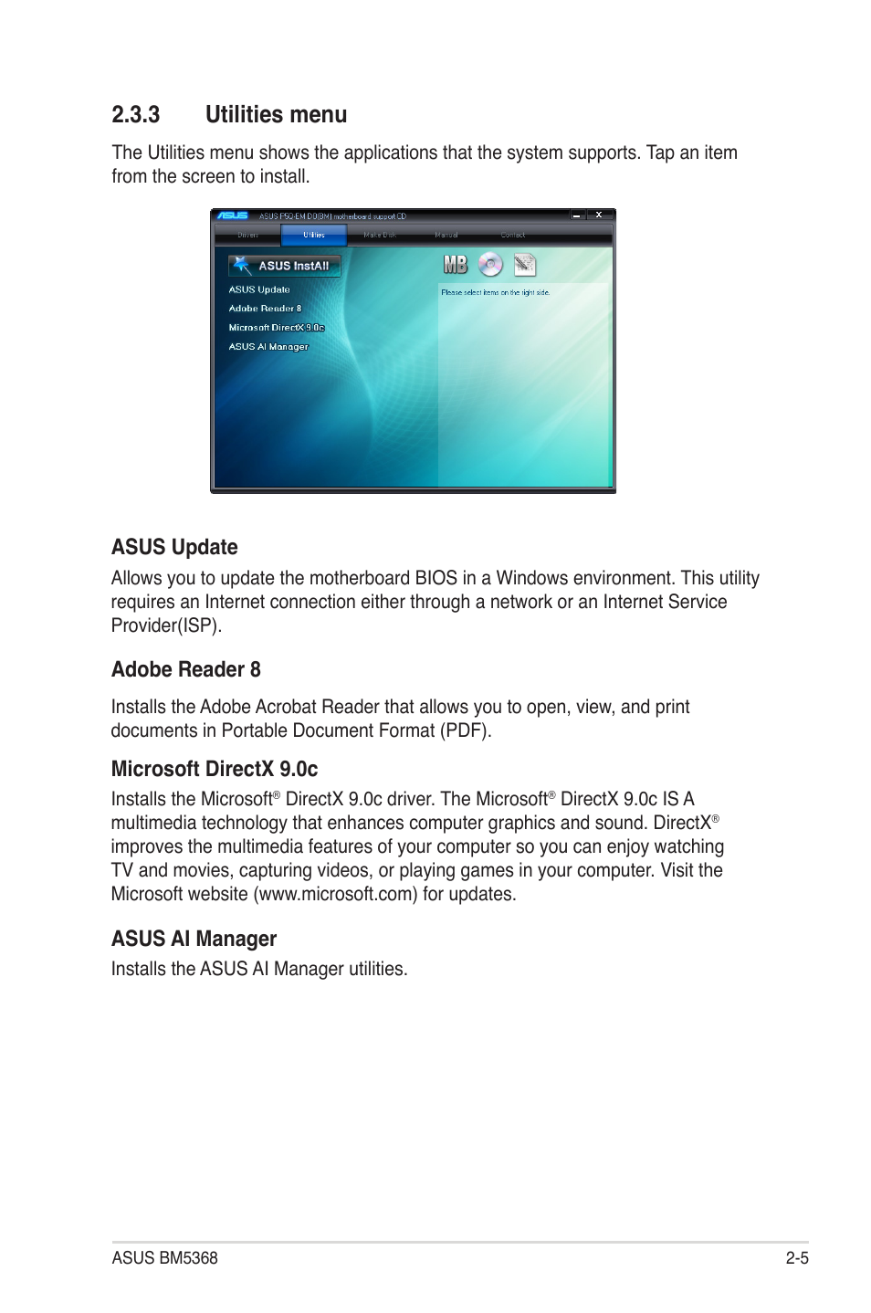 3 utilities menu | Asus BM5368 User Manual | Page 19 / 26