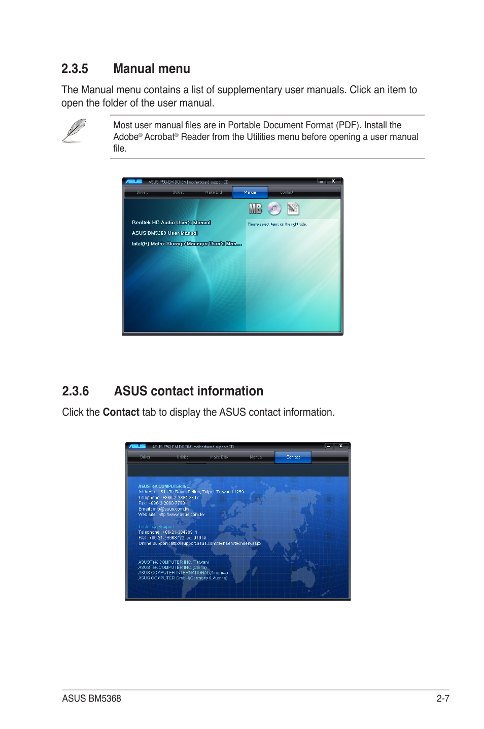 6 asus contact information, 5 manual menu | Asus BM5368 User Manual | Page 21 / 26