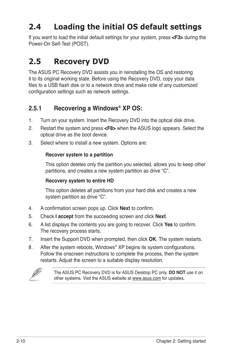 5 recovery dvd, 4 loading the initial os default settings, 1 recovering a windows | Xp os | Asus BM5368 User Manual | Page 24 / 26