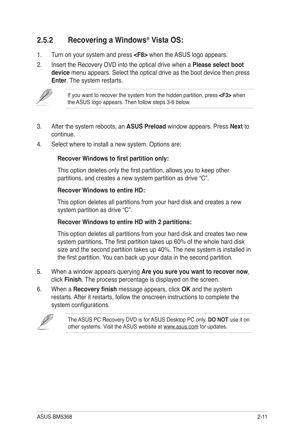 2 recovering a windows, Vista os | Asus BM5368 User Manual | Page 25 / 26