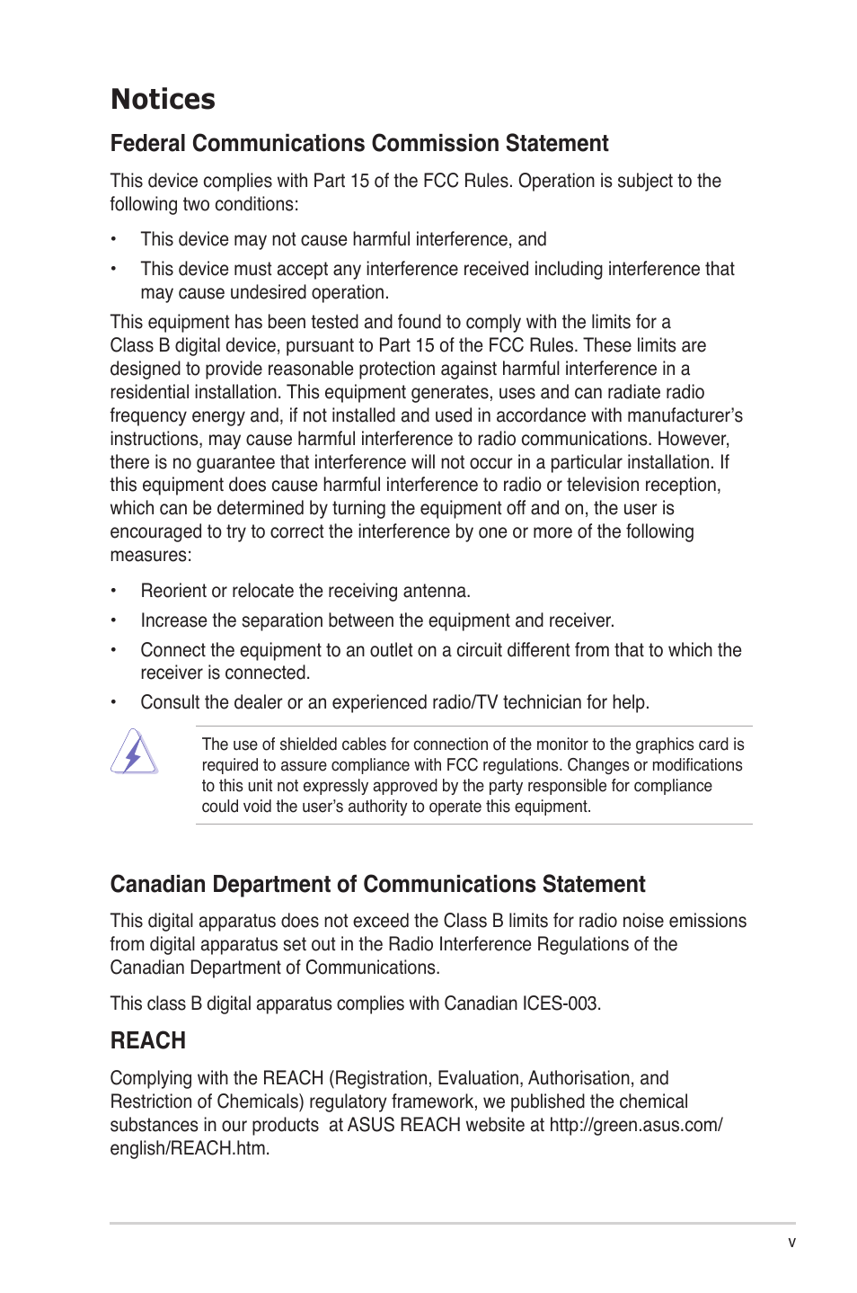 Notices, Federal communications commission statement, Canadian department of communications statement | Reach | Asus BM5368 User Manual | Page 5 / 26