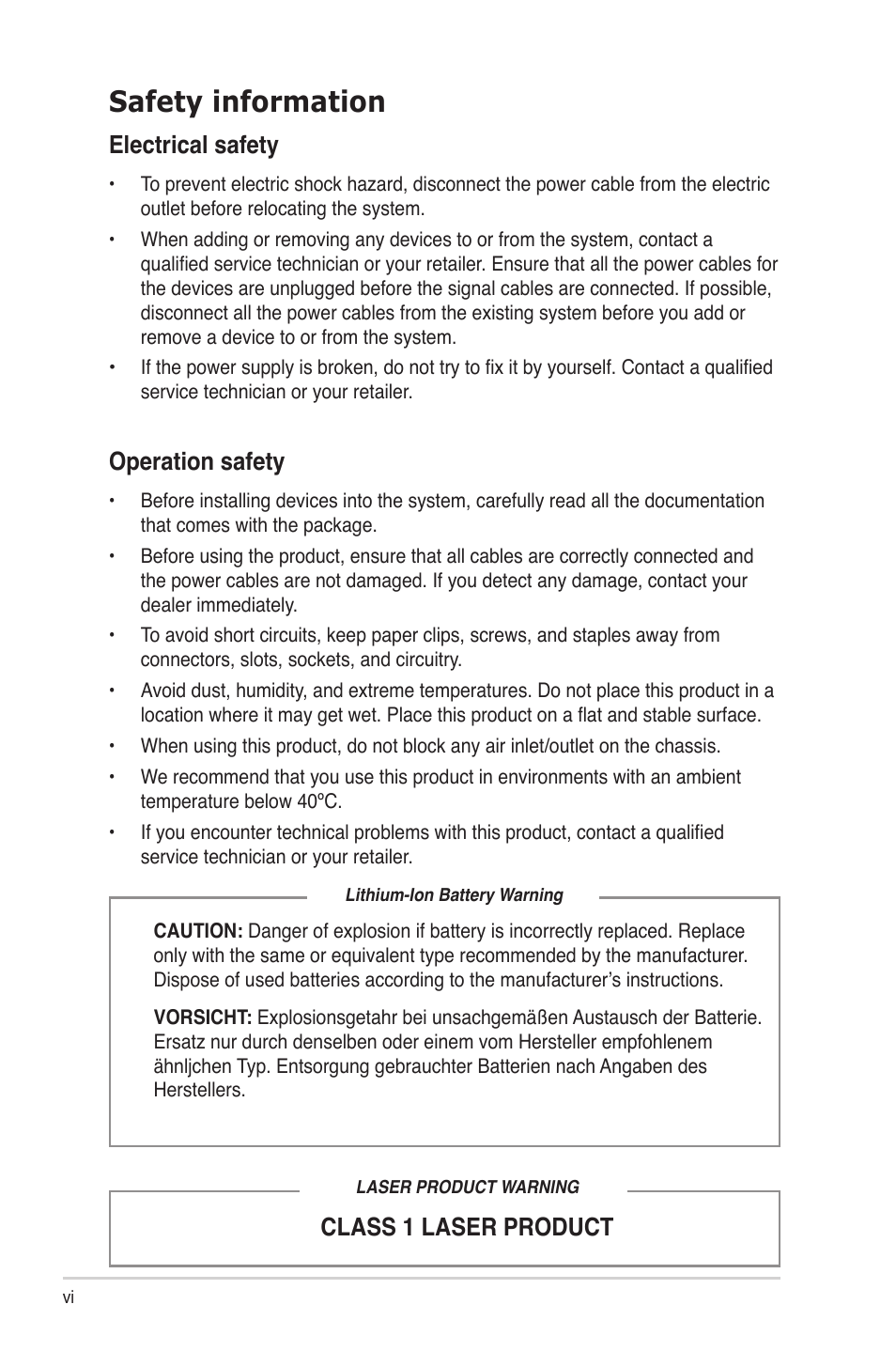 Safety information, Electrical safety, Class 1 laser product operation safety | Asus BM5368 User Manual | Page 6 / 26