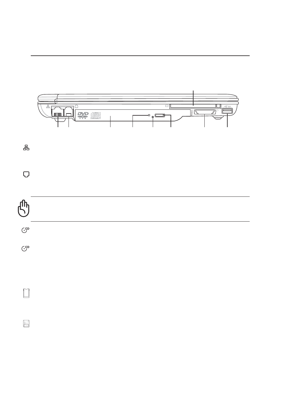 Left side, Knowing the parts, Pc card (pcmcia) socket | Lan port, Modem port, Optical drive, Electronic eject, emergency eject, activity led | Asus M5NP User Manual | Page 21 / 76