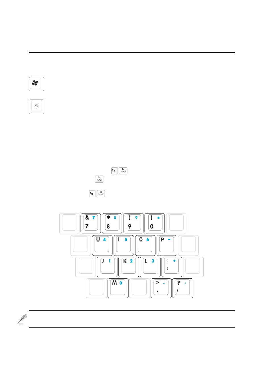 Keyboard as a numeric keypad, Microsoft windows™ keys | Asus M5NP User Manual | Page 39 / 76