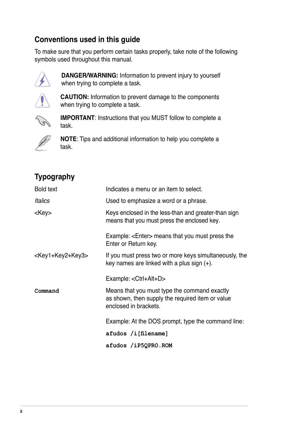 Conventions used in this guide, Typography | Asus P5Q PRO User Manual | Page 10 / 180