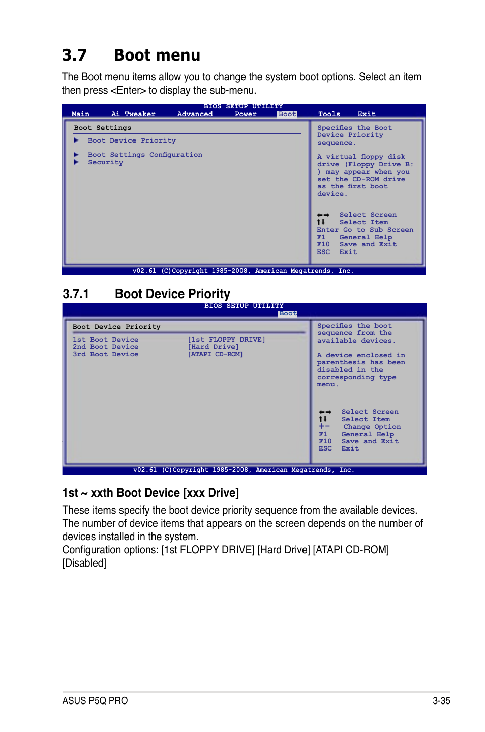 7 boot menu, 1 boot device priority, 1st ~ xxth boot device [xxx drive | Asus P5Q PRO User Manual | Page 101 / 180