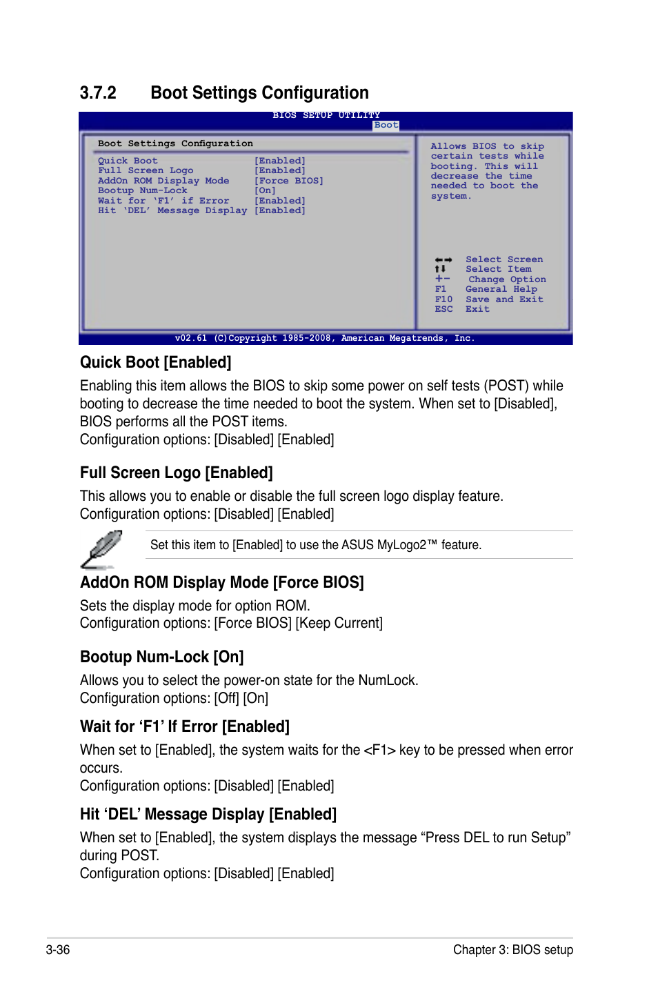 2 boot settings configuration, Quick boot [enabled, Full screen logo [enabled | Addon rom display mode [force bios, Bootup num-lock [on, Wait for ‘f1’ if error [enabled, Hit ‘del’ message display [enabled | Asus P5Q PRO User Manual | Page 102 / 180