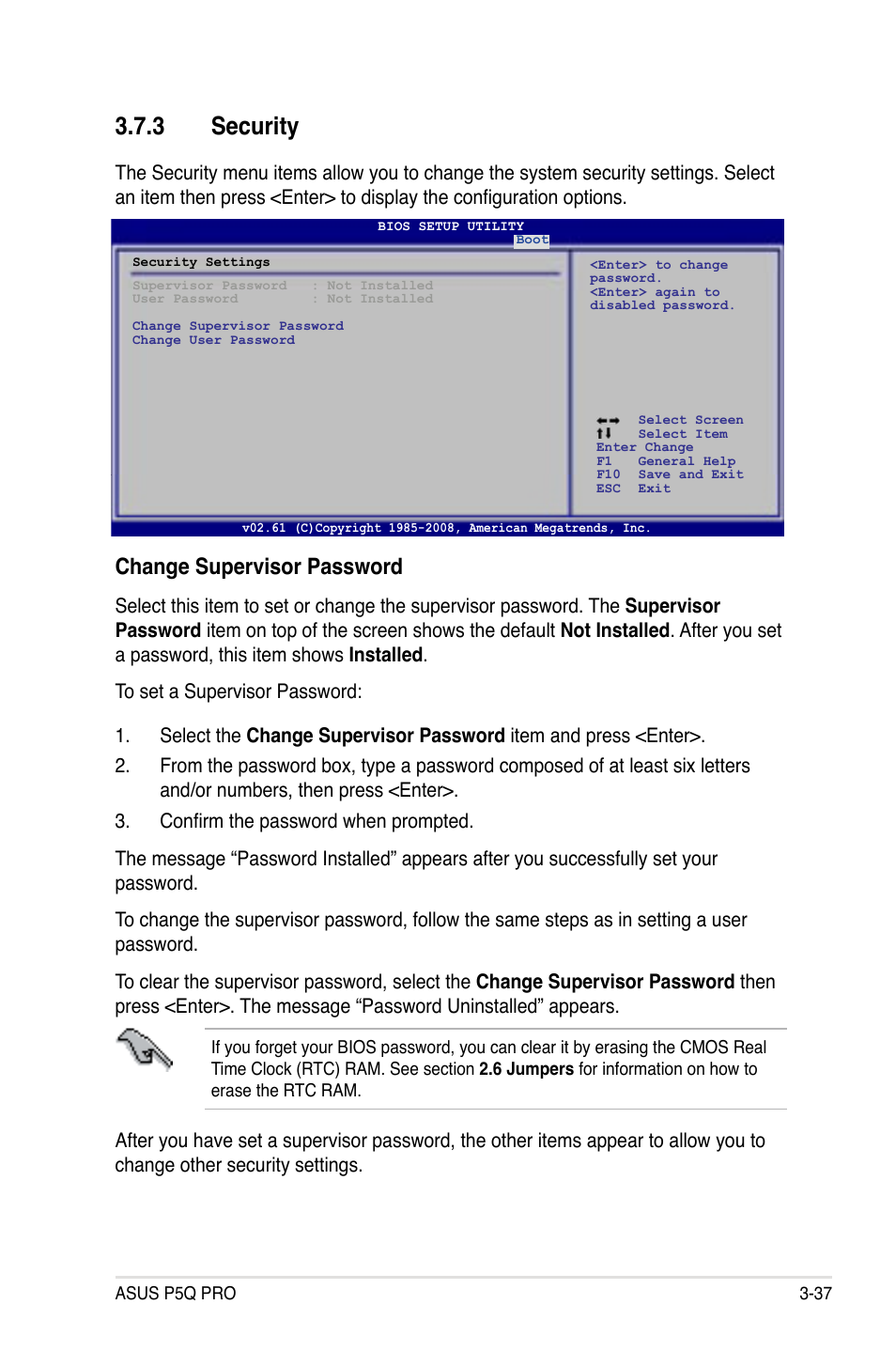 3 security, Change supervisor password | Asus P5Q PRO User Manual | Page 103 / 180