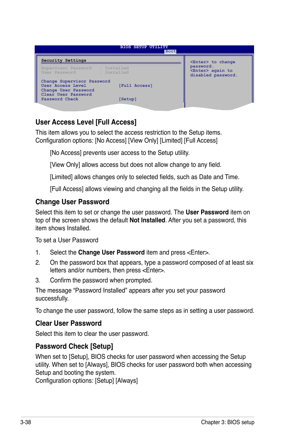 User access level [full access, Change user password, Clear user password | Password check [setup | Asus P5Q PRO User Manual | Page 104 / 180