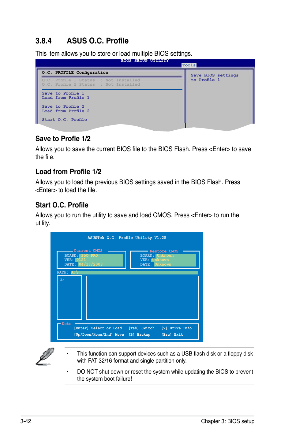 4 asus o.c. profile, Save to profle 1/2, Load from profile 1/2 | Start o.c. profile | Asus P5Q PRO User Manual | Page 108 / 180