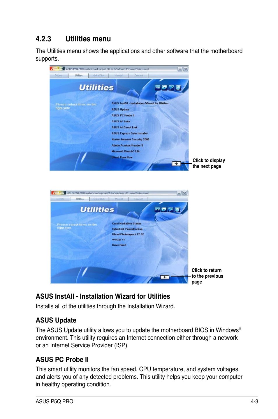 3 utilities menu, Asus install - installation wizard for utilities, Asus update | Asus pc probe ii | Asus P5Q PRO User Manual | Page 115 / 180