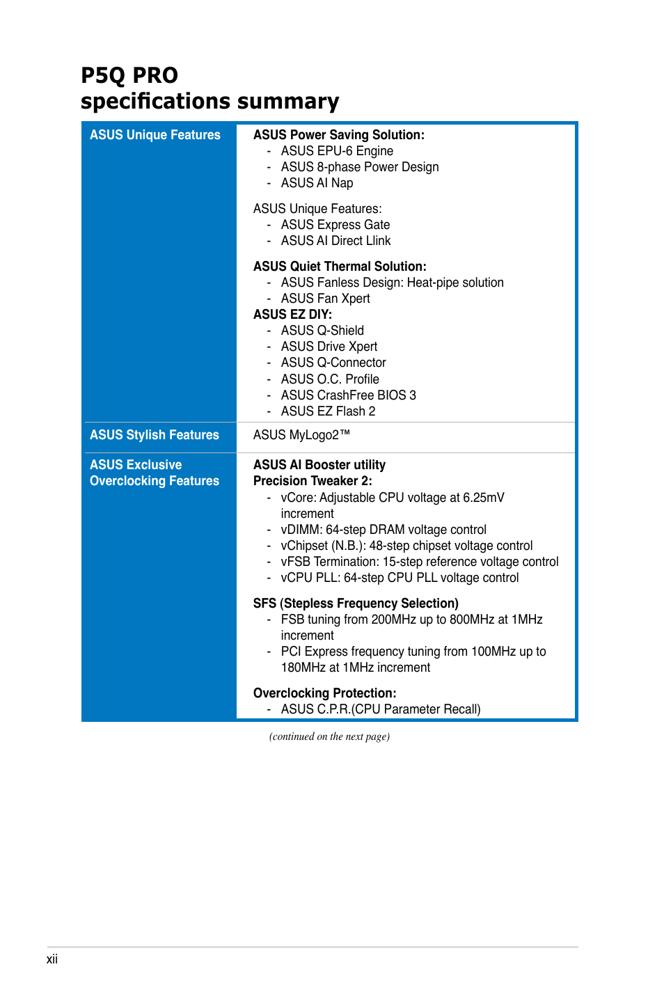 P5q pro specifications summary | Asus P5Q PRO User Manual | Page 12 / 180