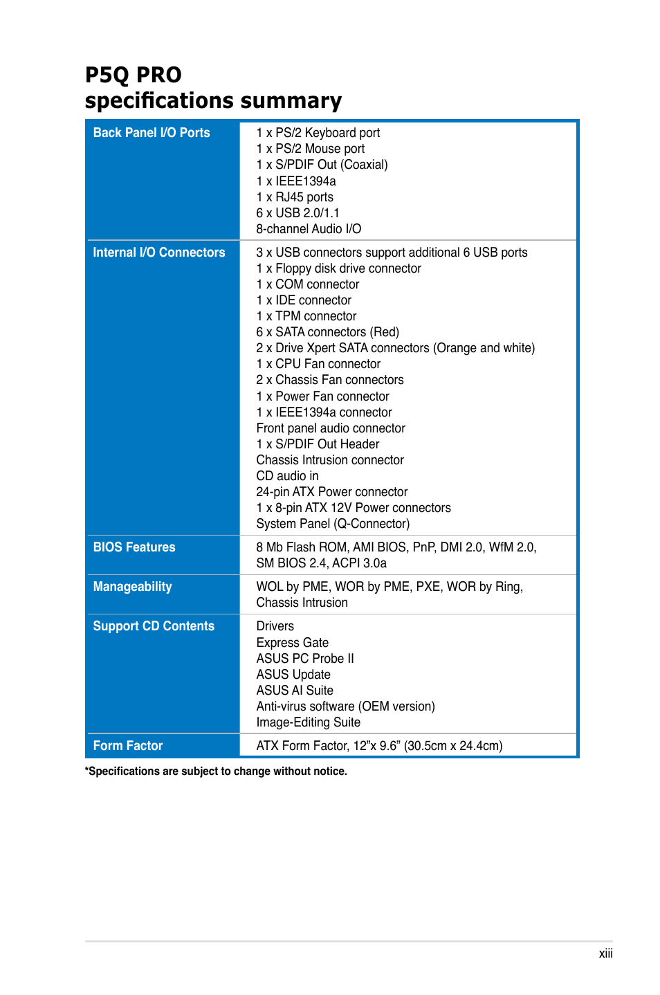 P5q pro specifications summary | Asus P5Q PRO User Manual | Page 13 / 180