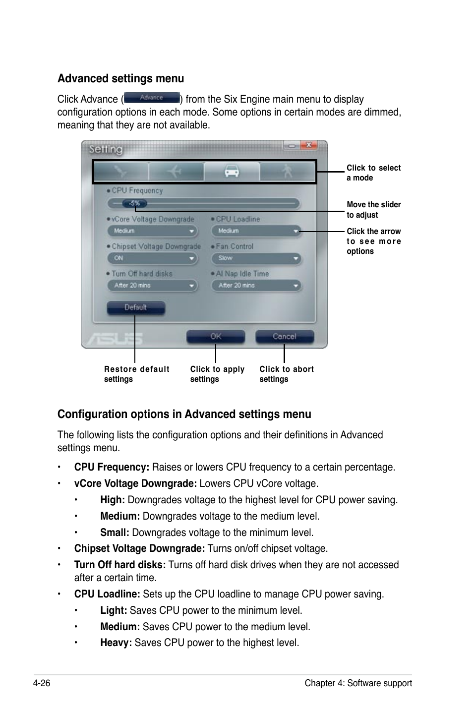 Advanced settings menu, Configuration options in advanced settings menu | Asus P5Q PRO User Manual | Page 138 / 180