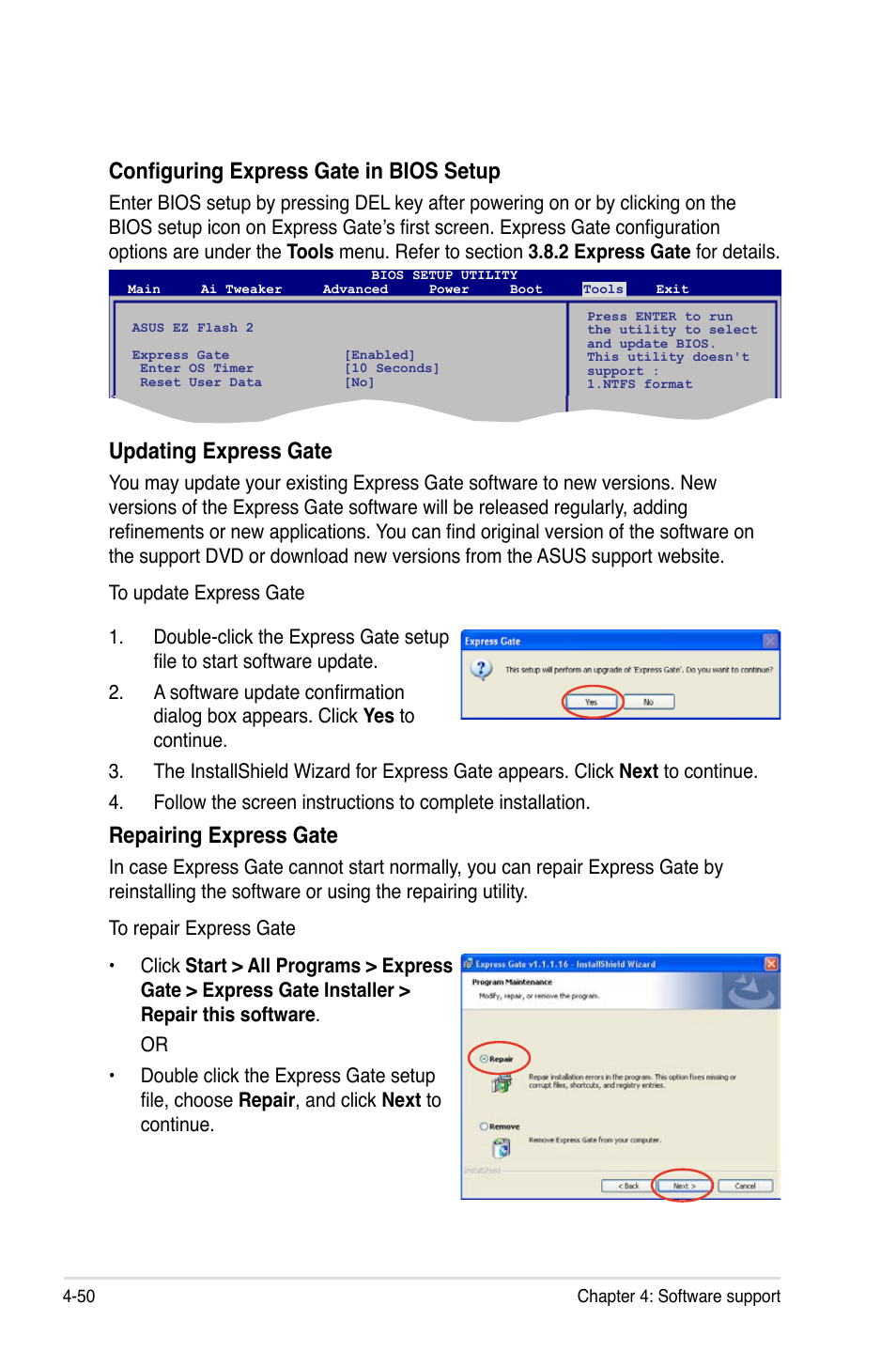 Configuring express gate in bios setup, Updating express gate, Repairing express gate | Asus P5Q PRO User Manual | Page 162 / 180