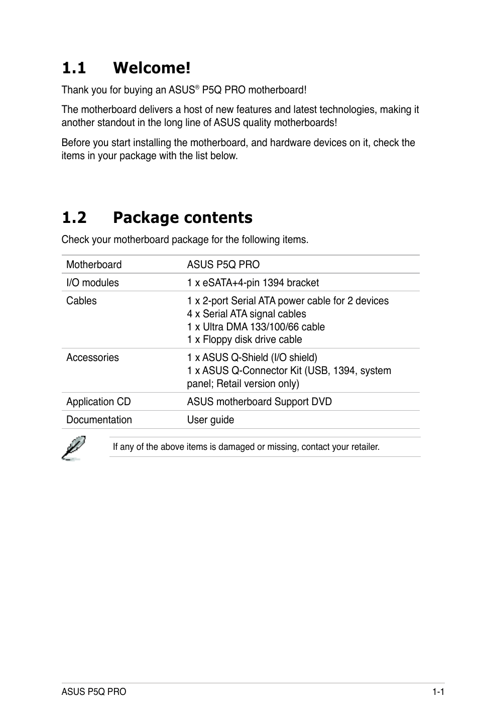 1 welcome, 2 package contents | Asus P5Q PRO User Manual | Page 17 / 180