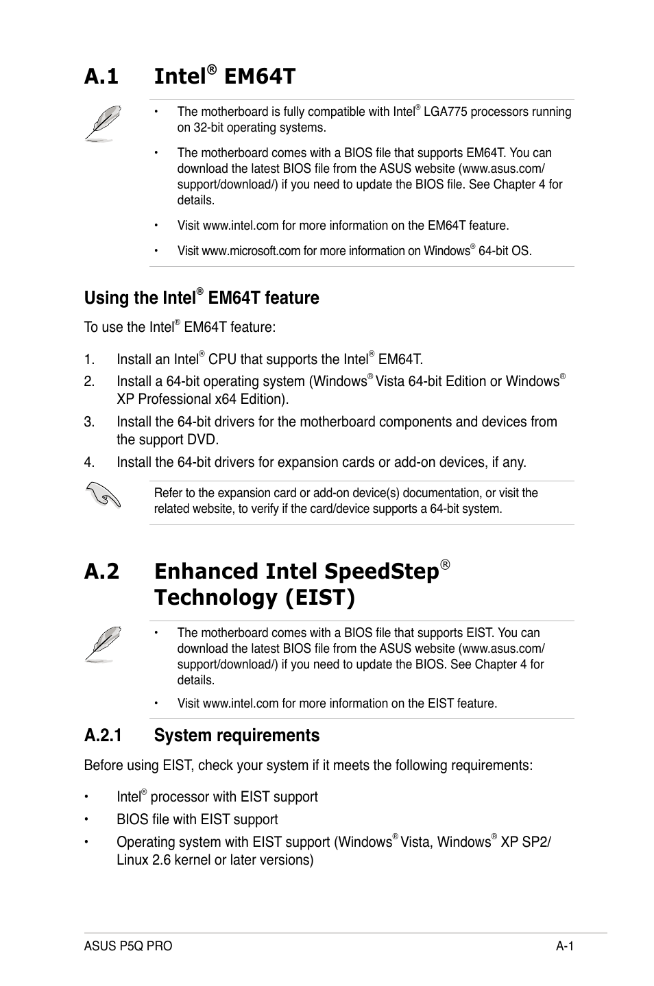 A.1 intel, Em64t, A.2 enhanced intel speedstep | Technology (eist), Using the intel, Em64t feature, A.2.1 system requirements | Asus P5Q PRO User Manual | Page 177 / 180