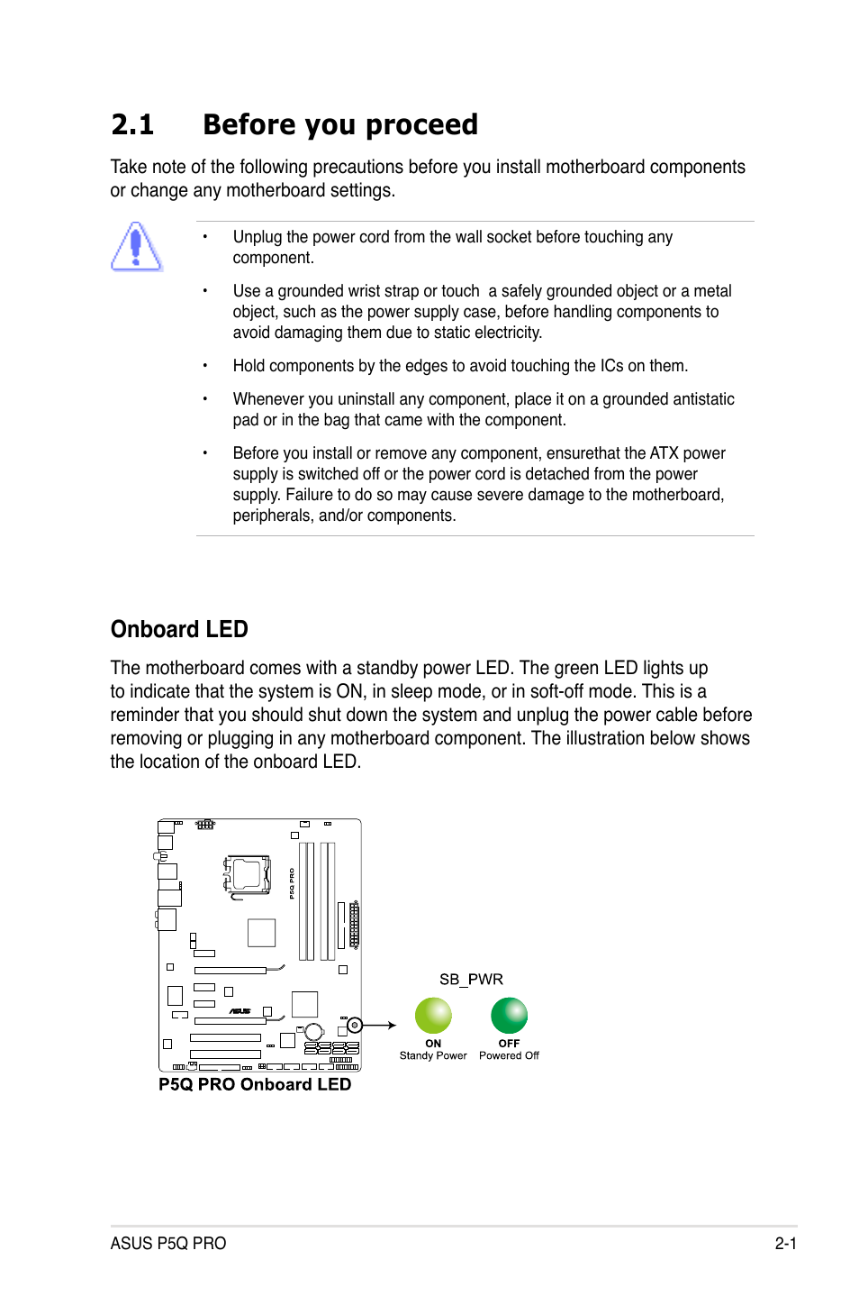 1 before you proceed, Onboard led | Asus P5Q PRO User Manual | Page 27 / 180