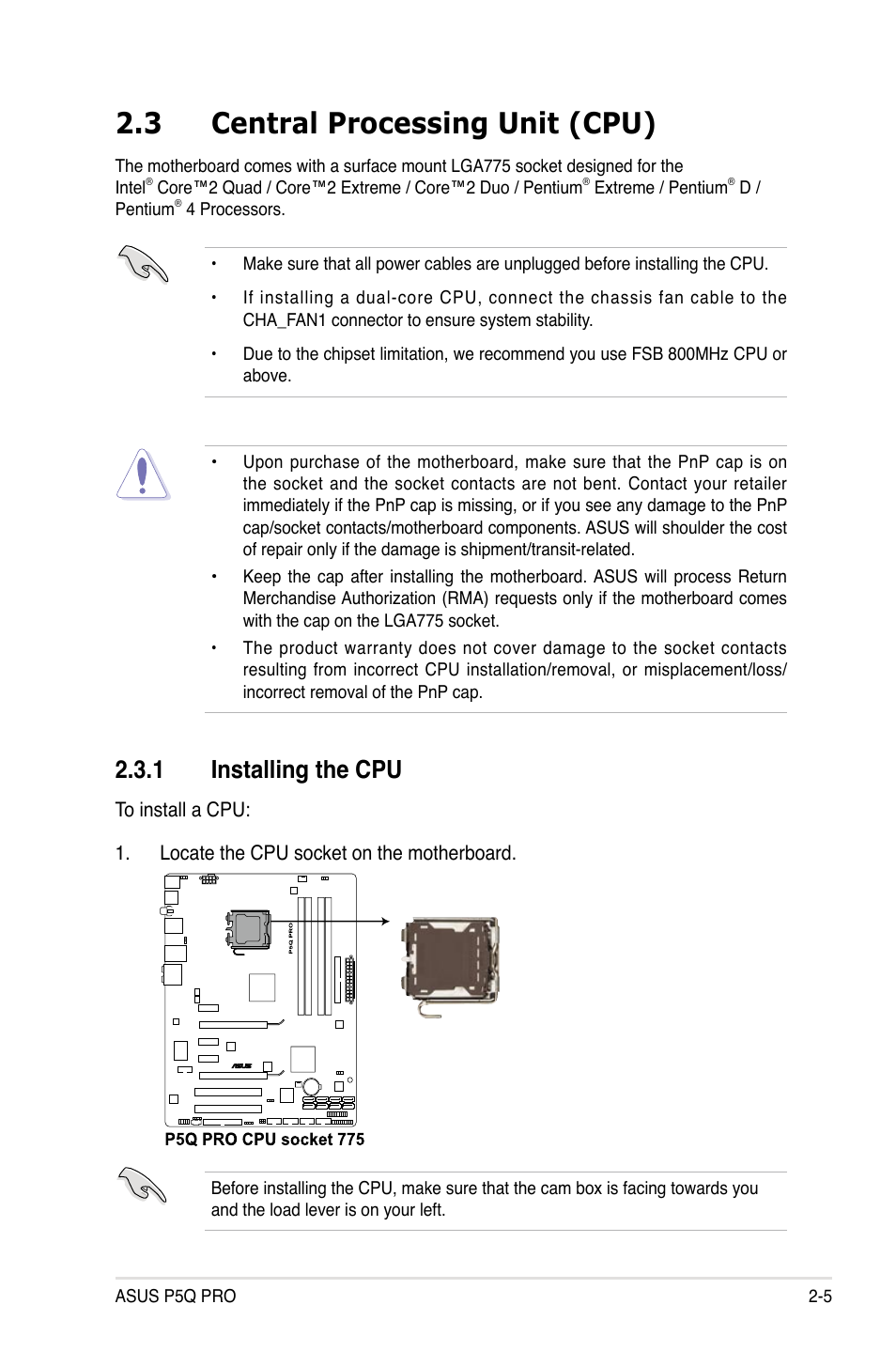 3 central processing unit (cpu), 1 installing the cpu | Asus P5Q PRO User Manual | Page 31 / 180