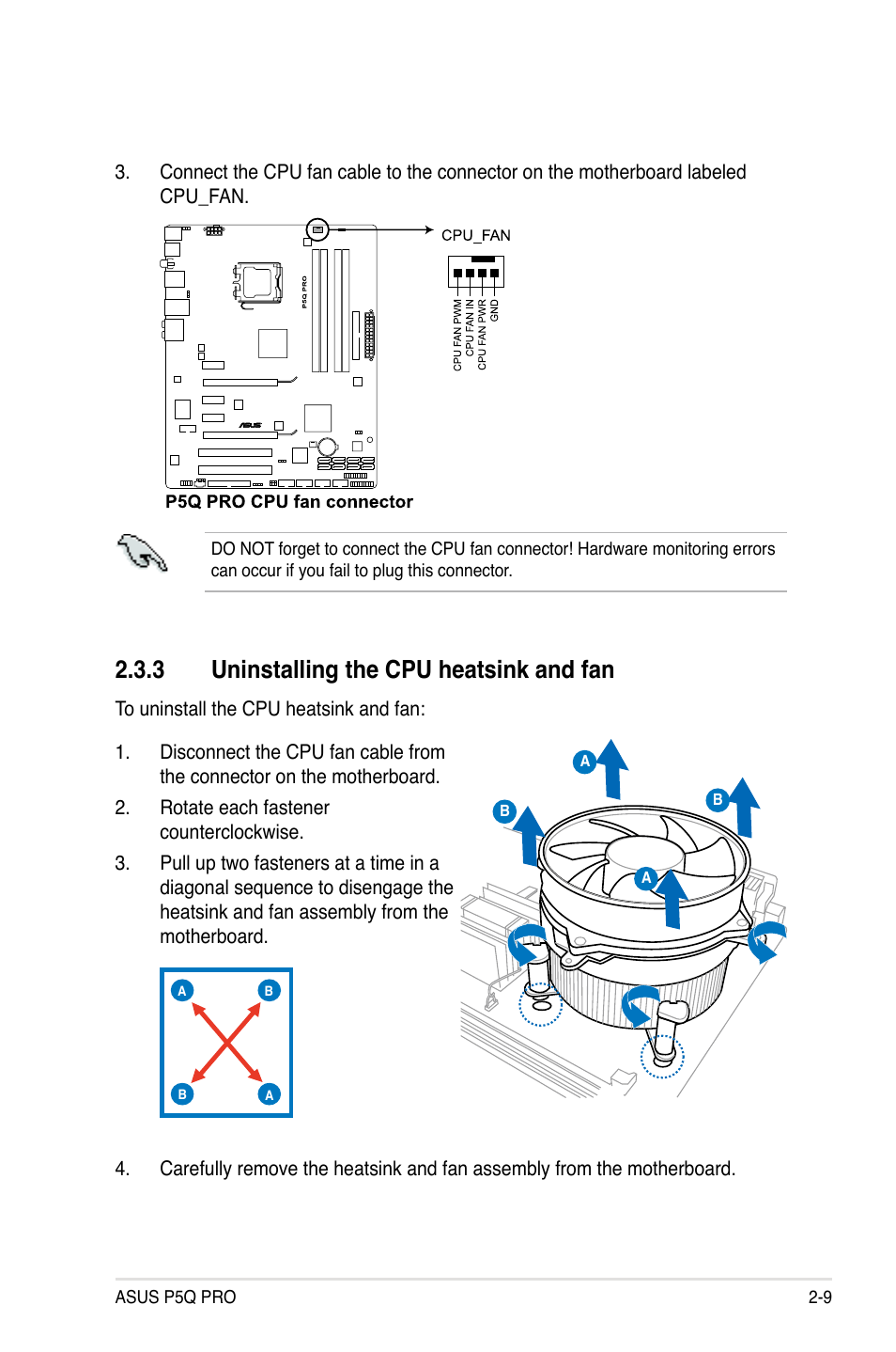 3 uninstalling the cpu heatsink and fan | Asus P5Q PRO User Manual | Page 35 / 180