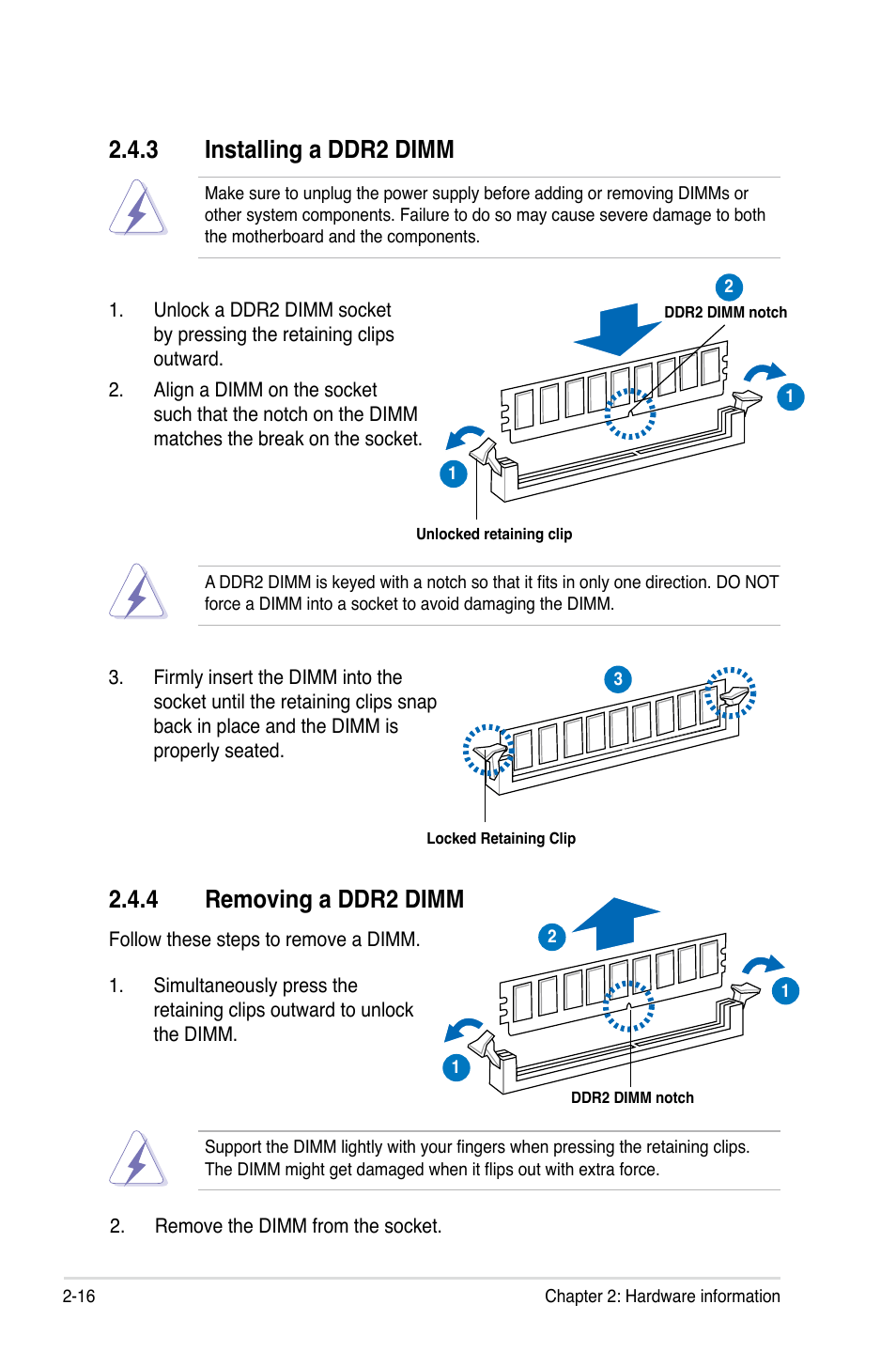 4 removing a ddr2 dimm, 3 installing a ddr2 dimm | Asus P5Q PRO User Manual | Page 42 / 180