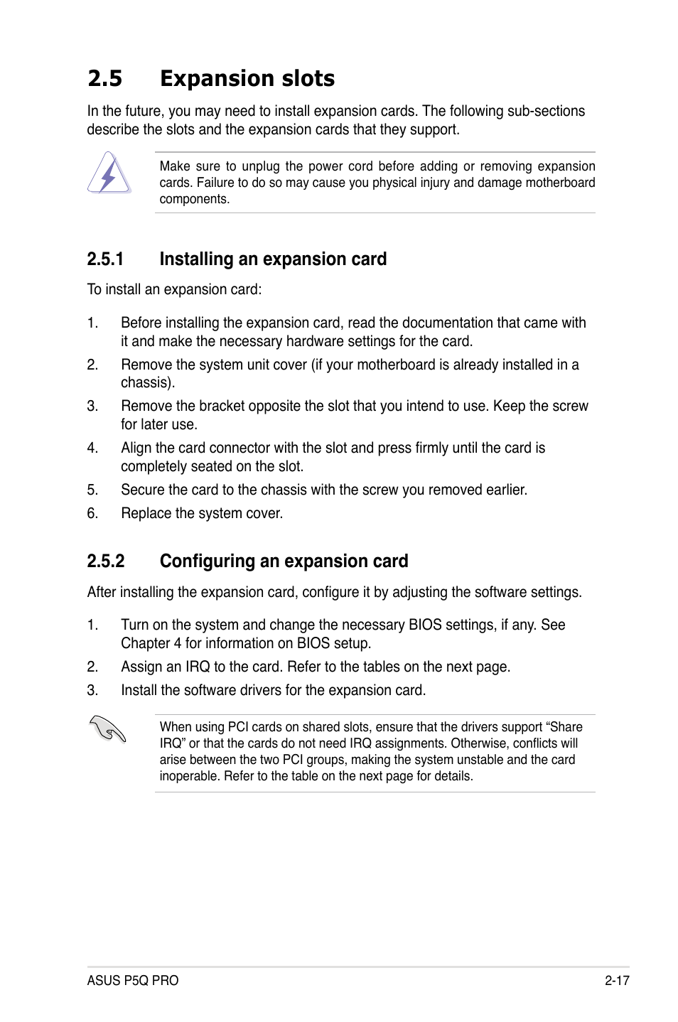 5 expansion slots, 1 installing an expansion card, 2 configuring an expansion card | Asus P5Q PRO User Manual | Page 43 / 180