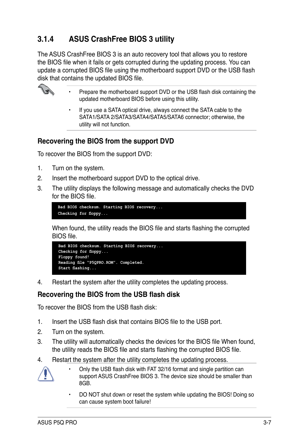 4 asus crashfree bios 3 utility, Recovering the bios from the support dvd, Recovering the bios from the usb flash disk | Asus P5Q PRO User Manual | Page 73 / 180