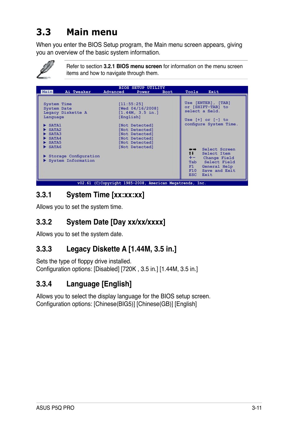 3 main menu, 1 system time [xx:xx:xx, 4 language [english | Allows you to set the system time, Allows you to set the system date | Asus P5Q PRO User Manual | Page 77 / 180