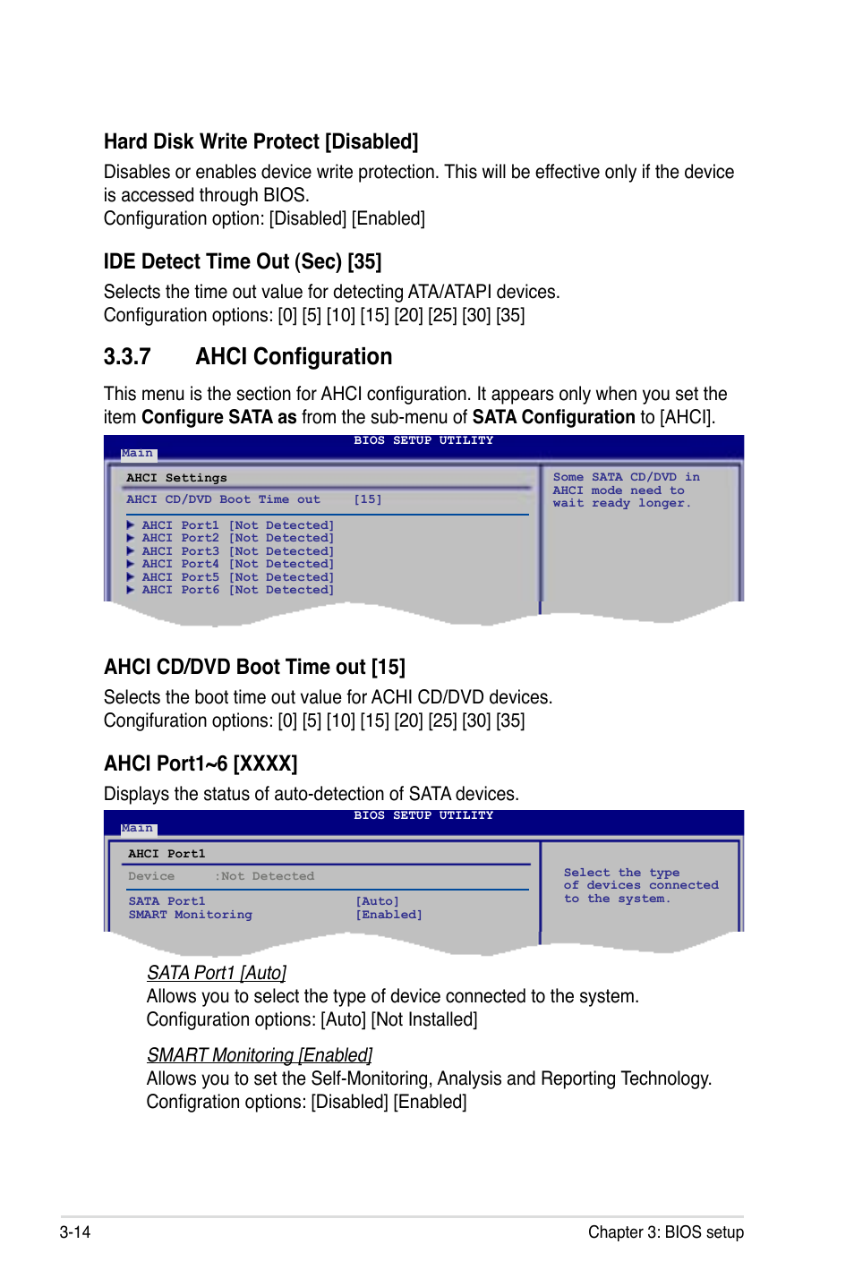 7 ahci configuration, Hard disk write protect [disabled, Ide detect time out (sec) [35 | Ahci cd/dvd boot time out [15 | Asus P5Q PRO User Manual | Page 80 / 180